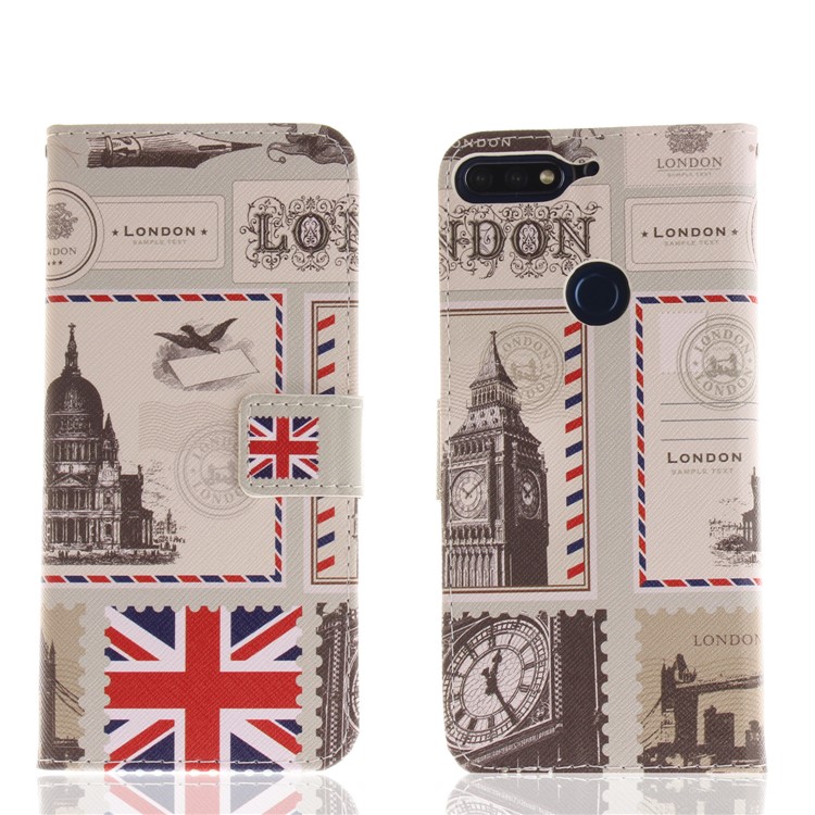 Patterned Wallet Stand Leather Case Accessory for Huawei Honor 7C / Enjoy 8 /Y7 Prime (2018) - London Elements-3
