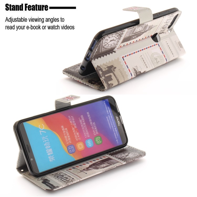 Patterned Wallet Stand Leather Case Accessory for Huawei Honor 7C / Enjoy 8 /Y7 Prime (2018) - London Elements-5