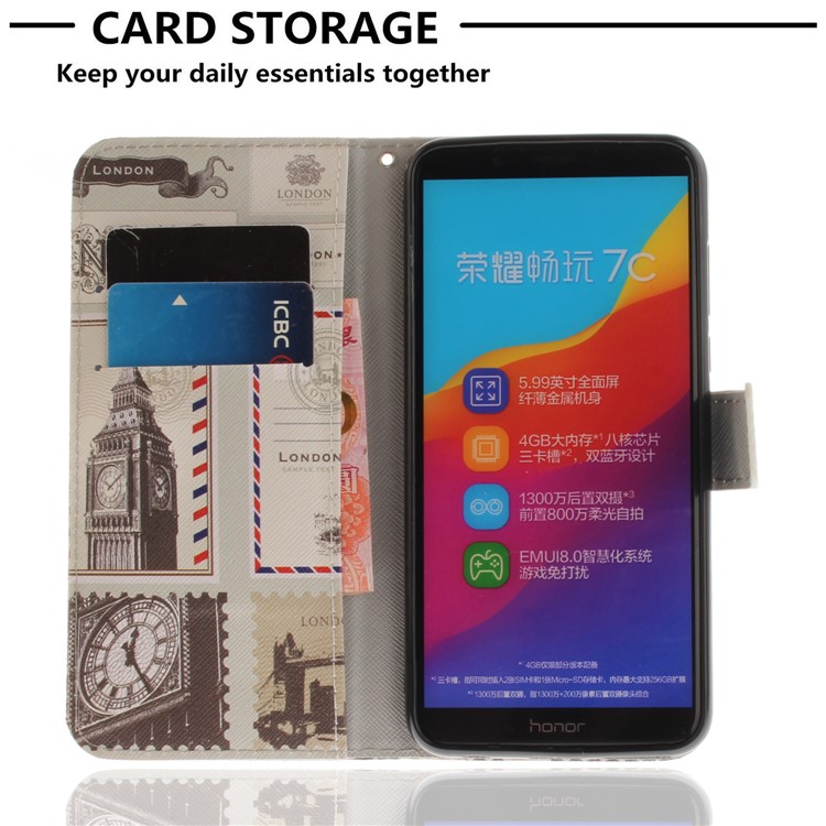 Patterned Wallet Stand Leather Case Accessory for Huawei Honor 7C / Enjoy 8 /Y7 Prime (2018) - London Elements-7