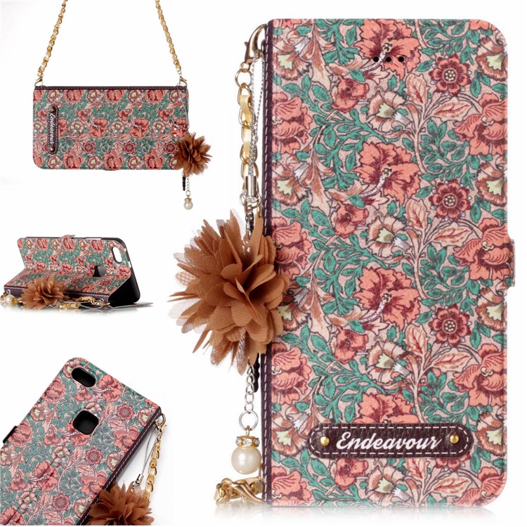 Flower Pattern PU Leather Card Holder Phone Case + Metal Chain for Huawei P10 Lite - Flowers and Leaves Pattern-1