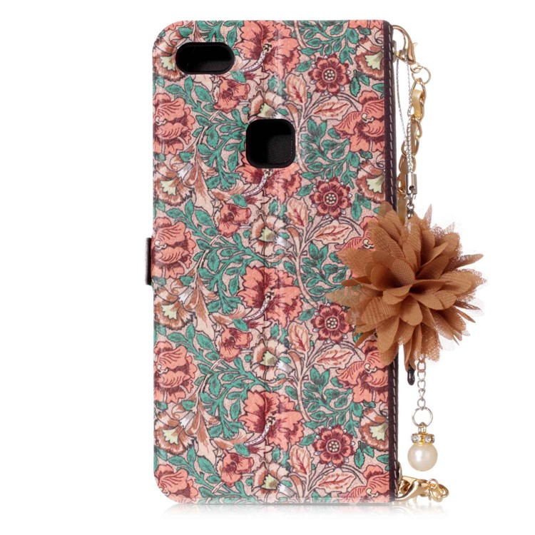 Flower Pattern PU Leather Card Holder Phone Case + Metal Chain for Huawei P10 Lite - Flowers and Leaves Pattern-3