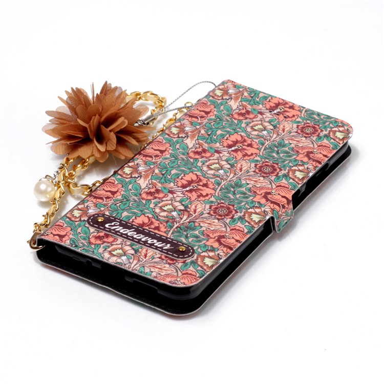 Flower Pattern PU Leather Card Holder Phone Case + Metal Chain for Huawei P10 Lite - Flowers and Leaves Pattern-5