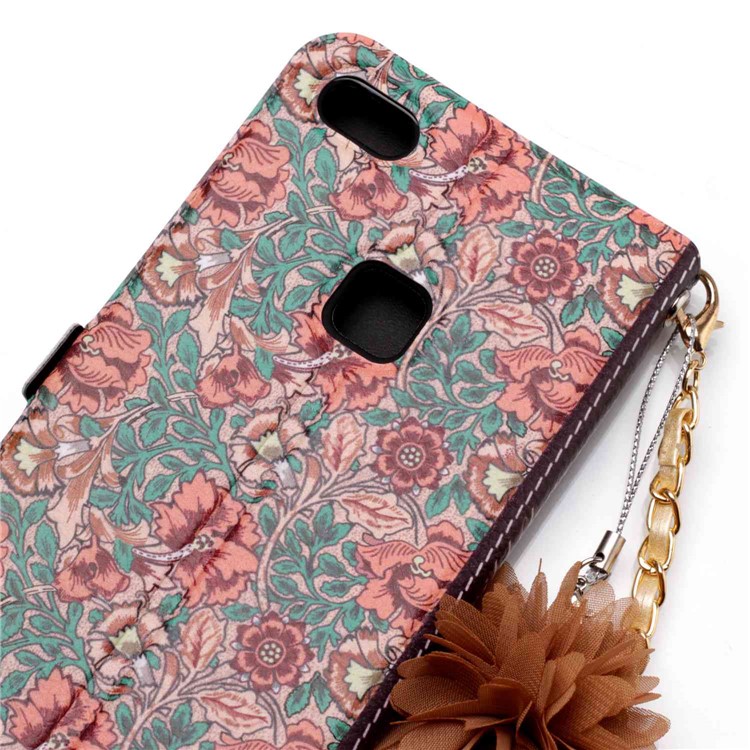 Flower Pattern PU Leather Card Holder Phone Case + Metal Chain for Huawei P10 Lite - Flowers and Leaves Pattern-6