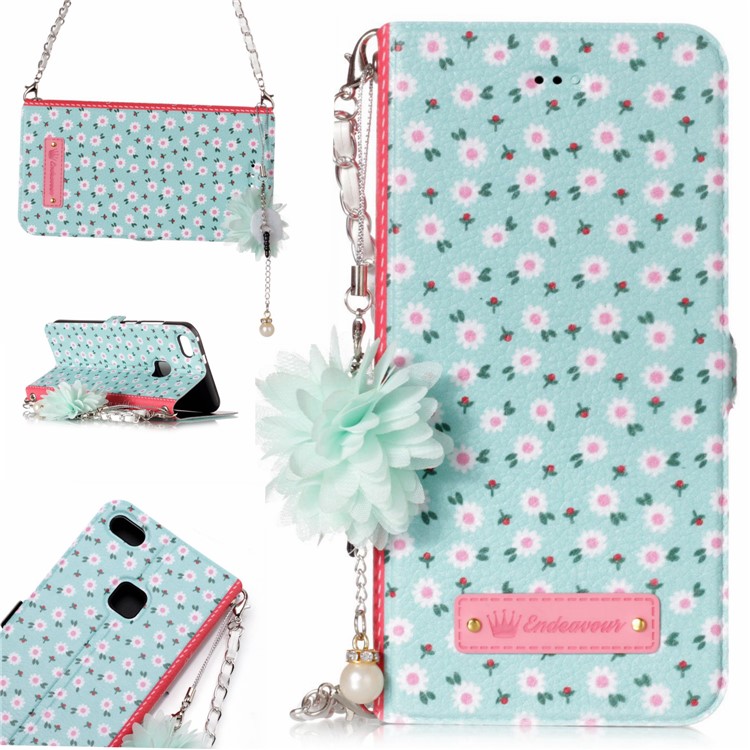 Flower Pattern Card Holder Leather Cover + Metal Chain for Huawei P10 Lite - Fresh White Flowers-1