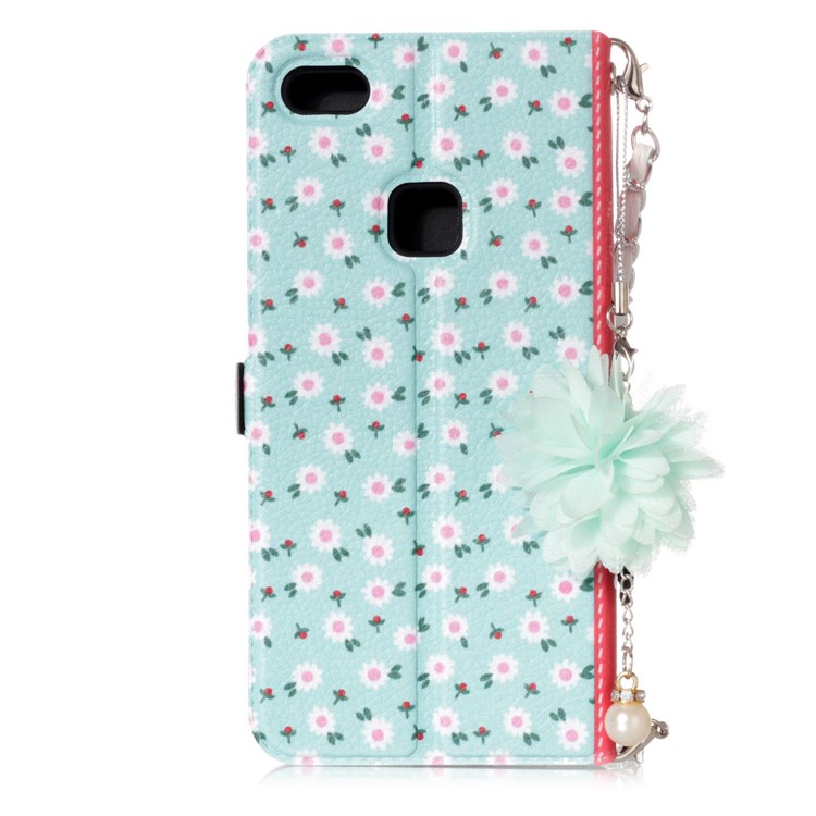 Flower Pattern Card Holder Leather Cover + Metal Chain for Huawei P10 Lite - Fresh White Flowers-3