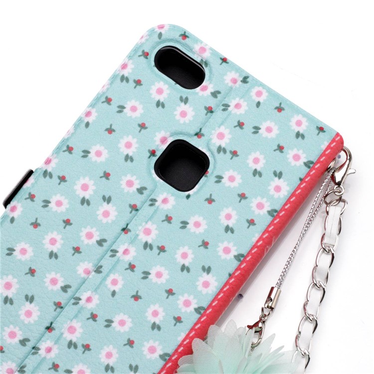 Flower Pattern Card Holder Leather Cover + Metal Chain for Huawei P10 Lite - Fresh White Flowers-6