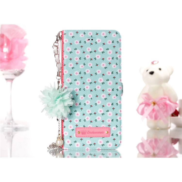 Flower Pattern Card Holder Leather Cover + Metal Chain for Huawei P10 Lite - Fresh White Flowers-7
