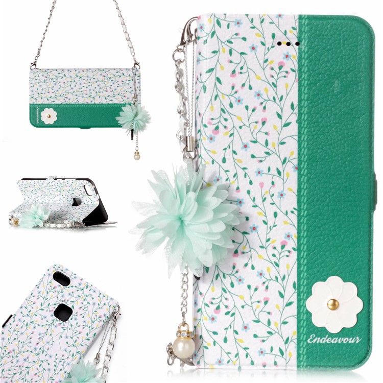 Flower Pattern Stand Leather Card Holder Shell + Metal Chain for Huawei P10 Lite - Branches Pattern-1