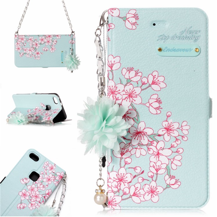 Flower Pattern Stand Leather Mobile Casing + Metal Chain for Huawei P10 Lite - Peach Blossom-1