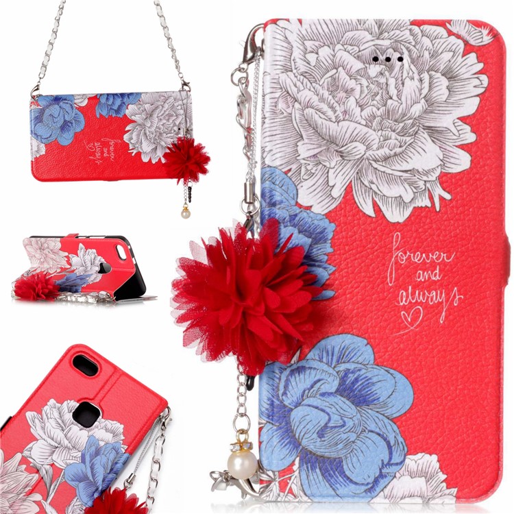 Flower Pattern Card Holder Leather Mobile Cover + Metal Chain for Huawei P10 Lite - Elegant Flowers-1