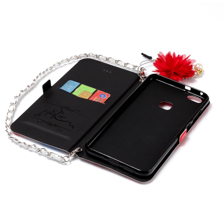 Flower Pattern Card Holder Leather Mobile Cover + Metal Chain for Huawei P10 Lite - Elegant Flowers-9