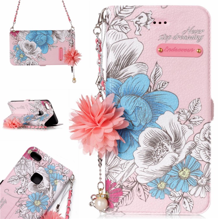 Flower Pattern Leather Mobile Shell + Metal Chain for Huawei P10 Lite - Blue and White Flowers-1