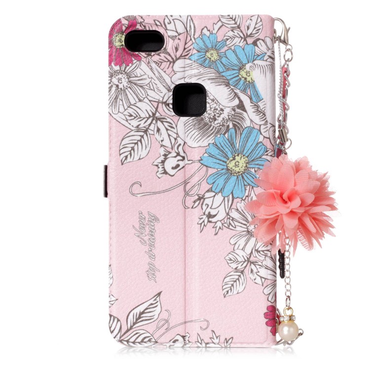 Flower Pattern Leather Mobile Shell + Metal Chain for Huawei P10 Lite - Blue and White Flowers-3