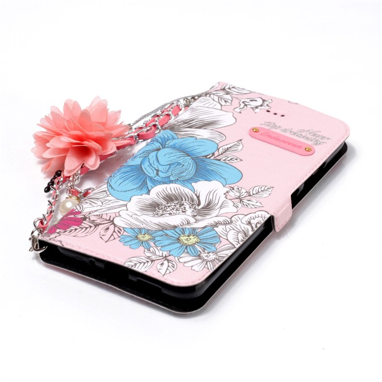 Flower Pattern Leather Mobile Shell + Metal Chain for Huawei P10 Lite - Blue and White Flowers-5