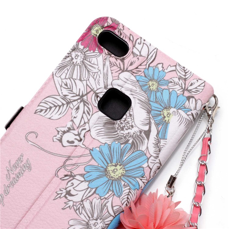 Flower Pattern Leather Mobile Shell + Metal Chain for Huawei P10 Lite - Blue and White Flowers-6
