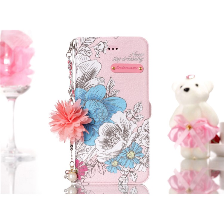 Flower Pattern Leather Mobile Shell + Metal Chain for Huawei P10 Lite - Blue and White Flowers-7