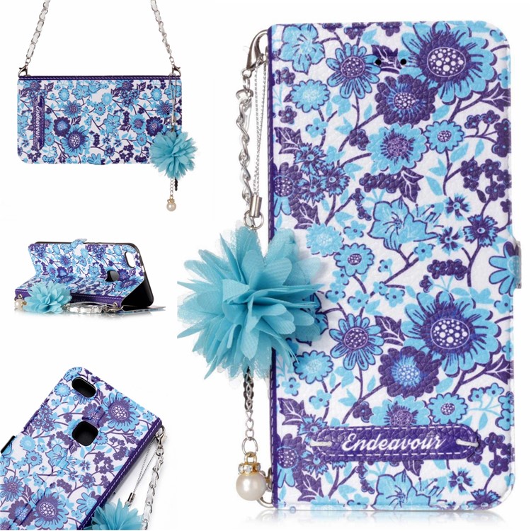 Flower Pattern PU Leather Protection Mobile Phone Case with Card Slot + Metal Chain for Huawei P10 Lite - Blue Flowers-1