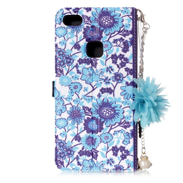 Flower Pattern PU Leather Protection Mobile Phone Case with Card Slot + Metal Chain for Huawei P10 Lite - Blue Flowers-3