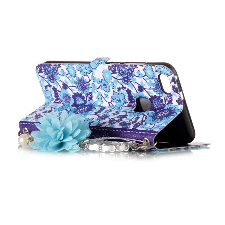 Flower Pattern PU Leather Protection Mobile Phone Case with Card Slot + Metal Chain for Huawei P10 Lite - Blue Flowers-4