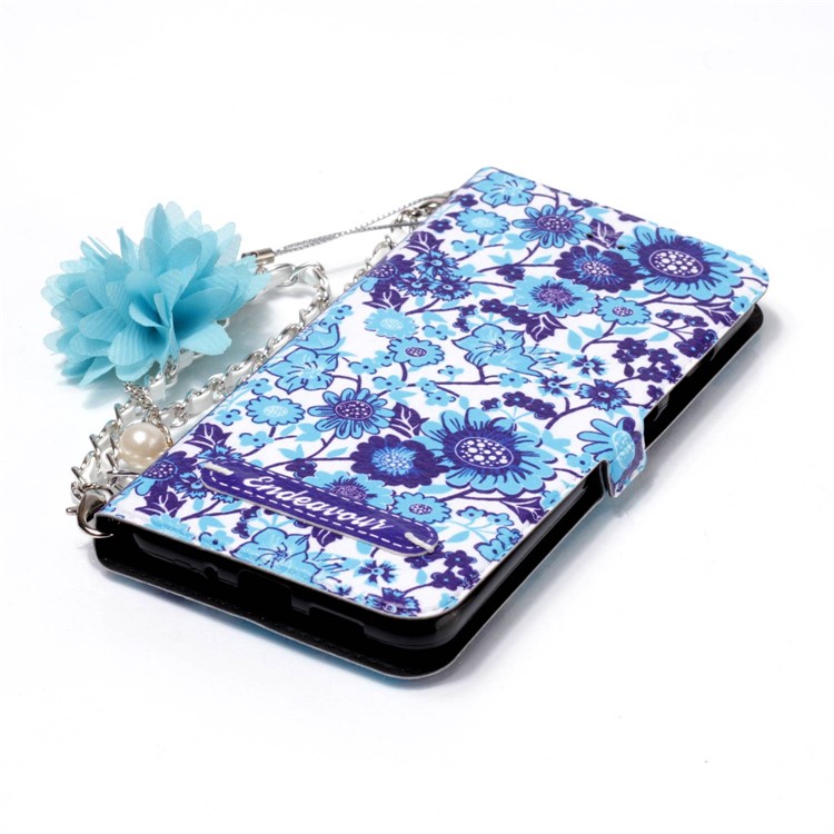 Flower Pattern PU Leather Protection Mobile Phone Case with Card Slot + Metal Chain for Huawei P10 Lite - Blue Flowers-5
