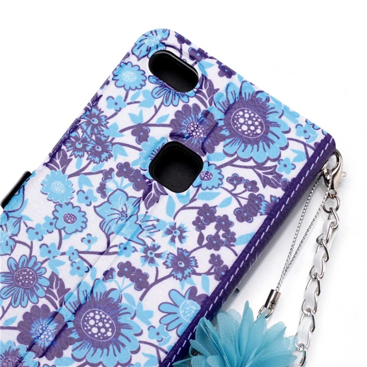 Flower Pattern PU Leather Protection Mobile Phone Case with Card Slot + Metal Chain for Huawei P10 Lite - Blue Flowers-6