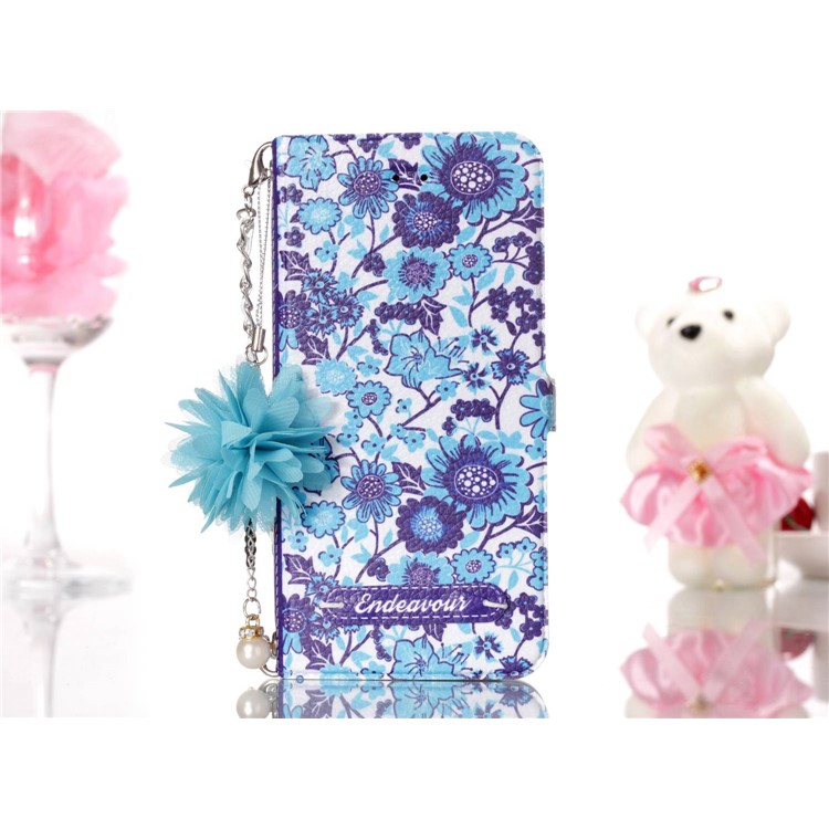 Flower Pattern PU Leather Protection Mobile Phone Case with Card Slot + Metal Chain for Huawei P10 Lite - Blue Flowers-7