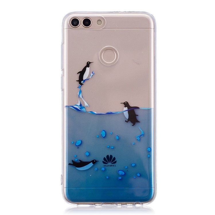 Pattern Printing IMD TPU Soft Phone Casing Shell for Huawei P Smart / Enjoy 7S - Swimming Penguin