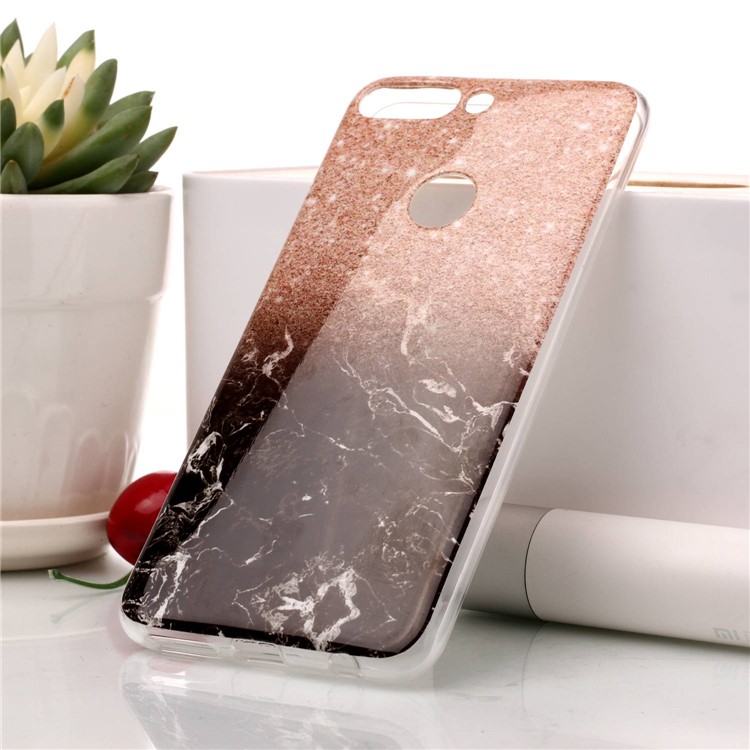 Marble Pattern IMD TPU Phone Back Case for Huawei Honor 7C / Enjoy 8 /Y7 Prime (2018) - Orange / Black-1