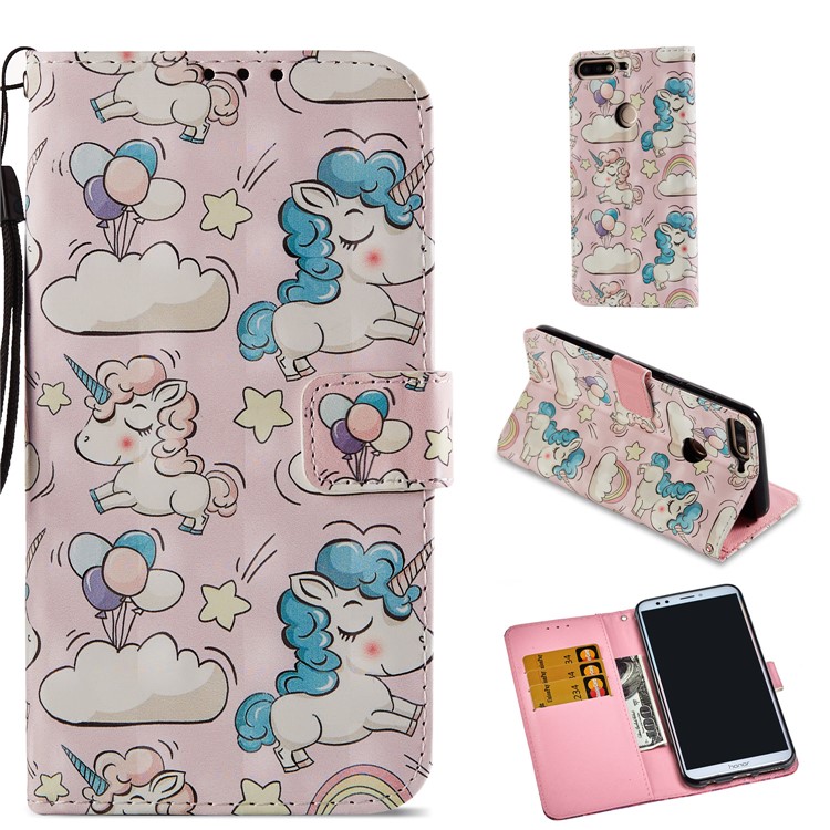Light Spot Decor Pattern Printing Wallet Leather Case for Huawei Honor 7C / Enjoy 8 /Y7 Prime (2018) - Unicorn-1