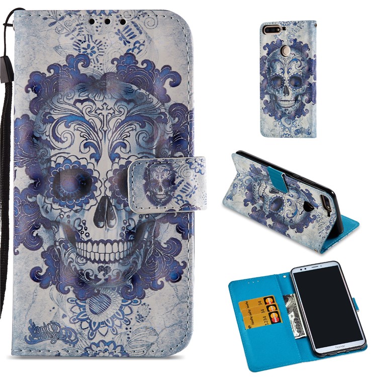 Light Spot Decor Pattern Printing Wallet Leather Cover for Huawei Honor 7C / Enjoy 8 /Y7 Prime (2018) - Cool Skull-1