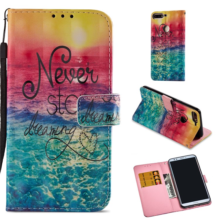 Light Spot Decor Pattern Printing Wallet Leather Shell for Huawei Honor 7C / Enjoy 8 /Y7 Prime (2018) - Never Stop Dreaming-1