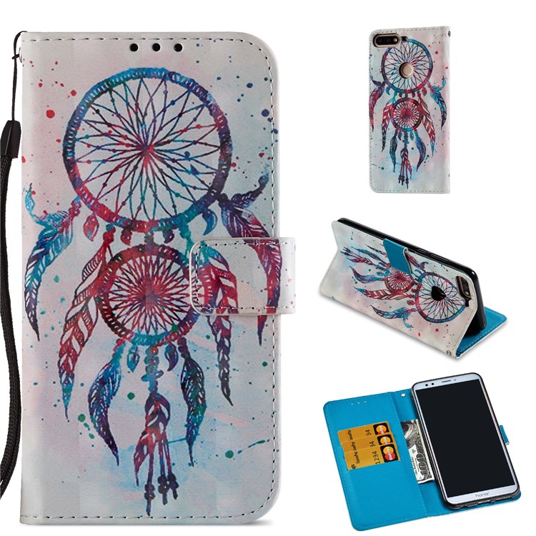 Light Spot Decor Pattern Printing Wallet Leather Stand Phone Cover for Huawei Honor 7C / Enjoy 8 /Y7 Prime (2018) - Feather Dream Catcher-1