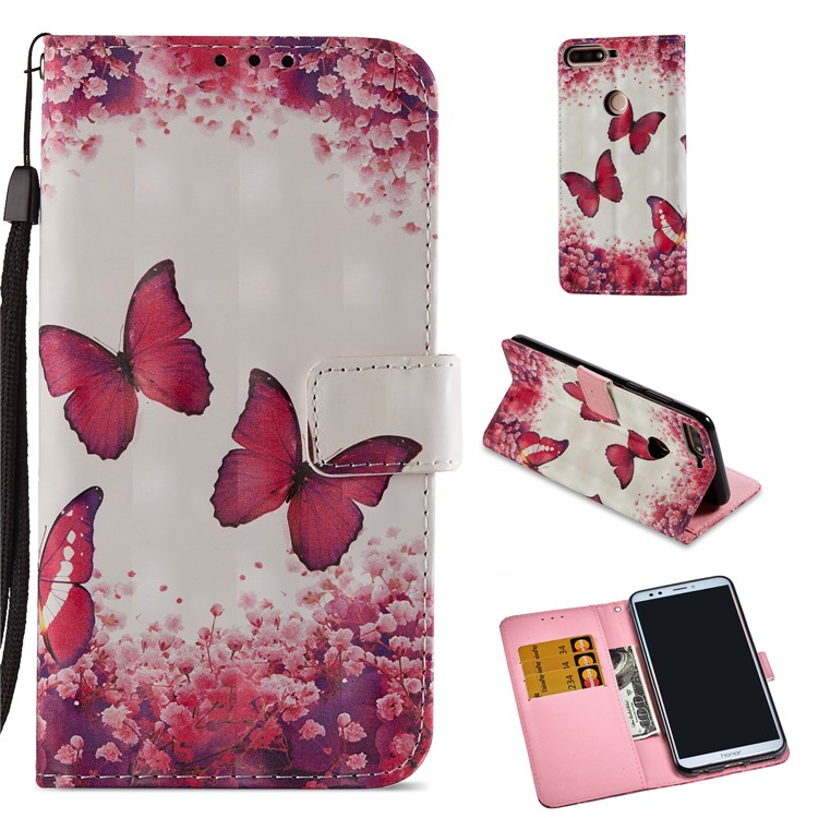Light Spot Decor Pattern Printing Leather Wallet Stand Mobile Case for Huawei Honor 7C / Enjoy 8 /Y7 Prime (2018) - Butterfly and Flower-1