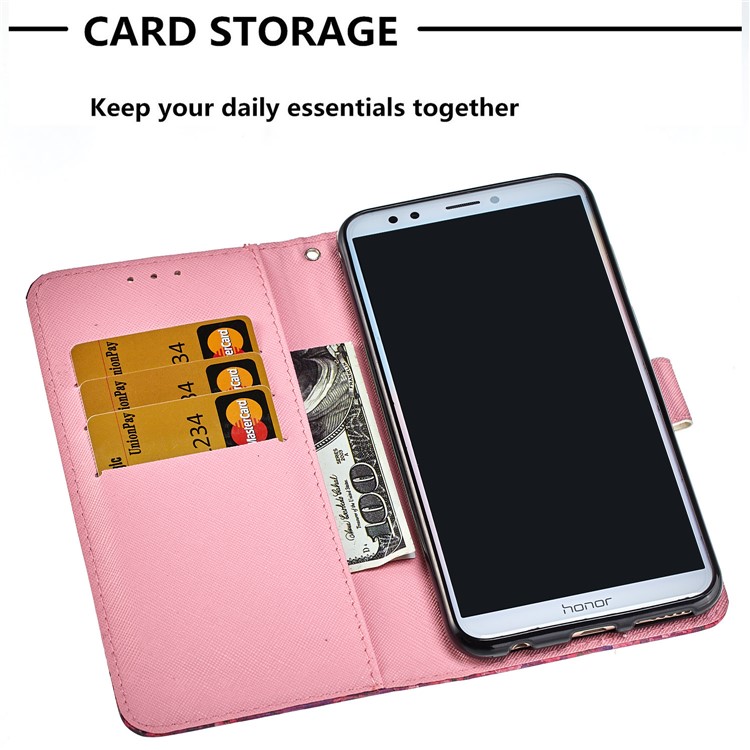 Light Spot Decor Pattern Printing Leather Wallet Stand Mobile Case for Huawei Honor 7C / Enjoy 8 /Y7 Prime (2018) - Butterfly and Flower-5