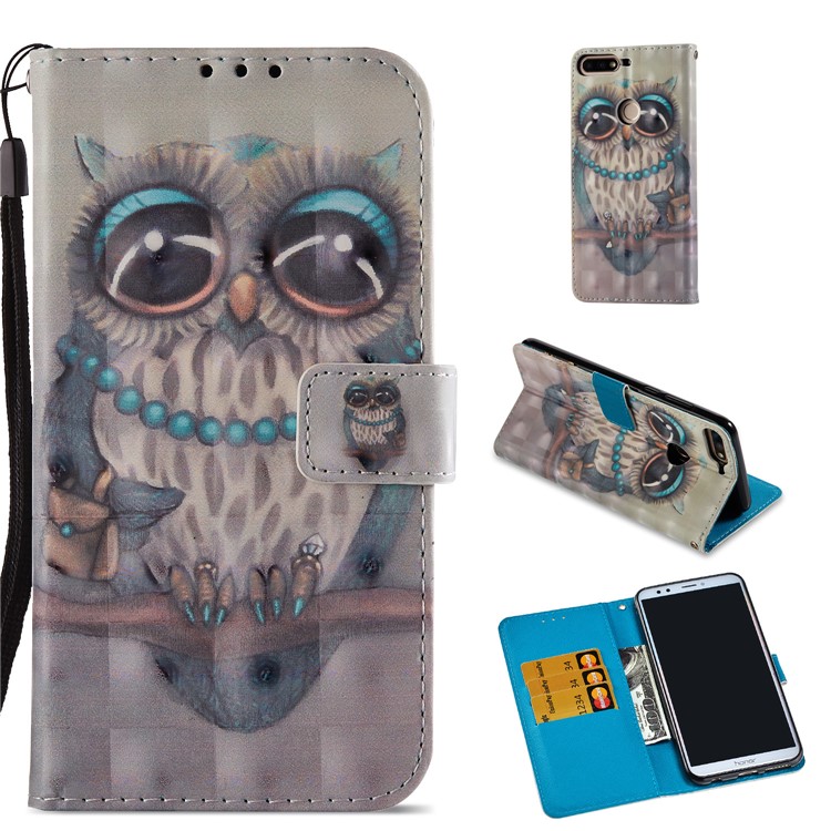 Light Spot Decor Pattern Printing Leather Wallet Stand Mobile Cover for Huawei Honor 7C / Enjoy 8 /Y7 Prime (2018) - Owl on the Branch-1