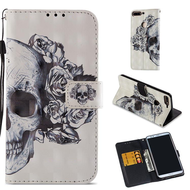 Light Spot Decor Pattern Printing Leather Protection Mobile Phone Case for Huawei Honor 7C / Enjoy 8 /Y7 Prime (2018) - Flowered Skull-1