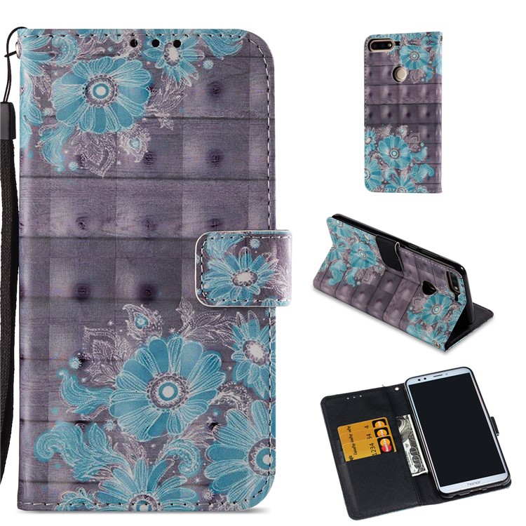 Light Spot Decor Pattern Printing Leather Protection Mobile Phone Shell for Huawei Honor 7C / Enjoy 8 /Y7 Prime (2018) - Blue Flower-1
