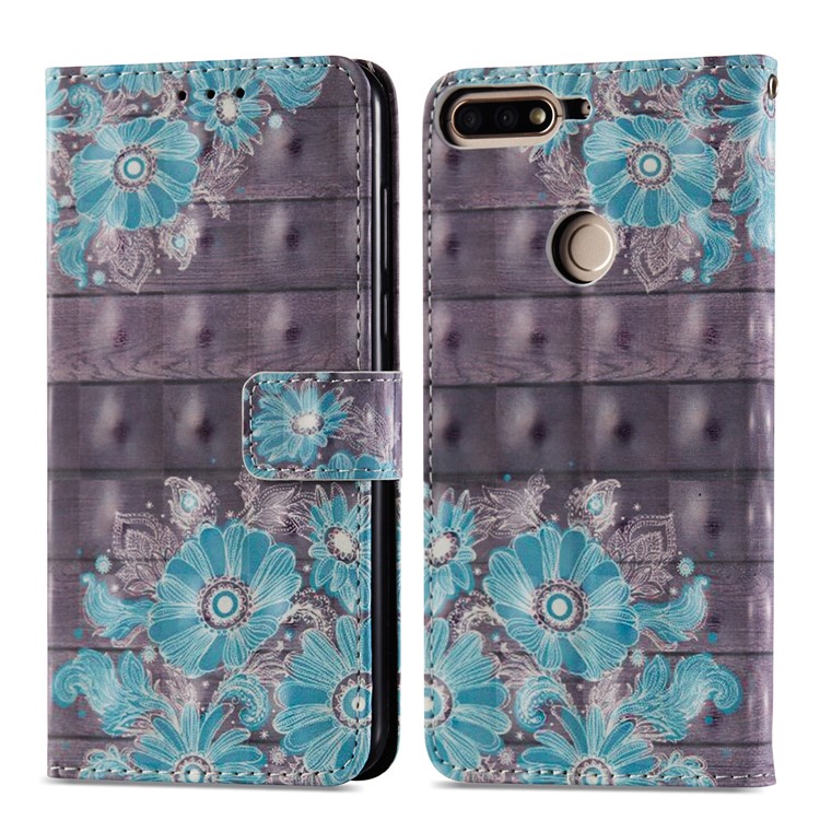 Light Spot Decor Pattern Printing Leather Protection Mobile Phone Shell for Huawei Honor 7C / Enjoy 8 /Y7 Prime (2018) - Blue Flower-8