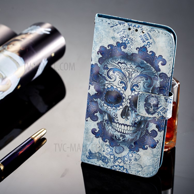 Pattern Printing Wallet Leather Stand Case for Huawei P Smart / Enjoy 7S - Flowered Skull-7
