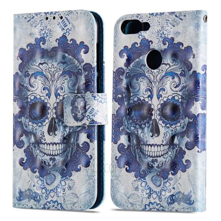 Pattern Printing Wallet Leather Stand Case for Huawei P Smart / Enjoy 7S - Flowered Skull-8