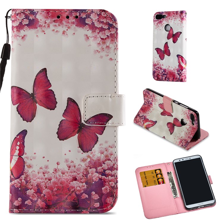 Light Spot Decor Pattern Printing Wallet Leather Phone Cover for Huawei Honor 9 Lite / 9 Youth Edition - Butterfly and Flower-1