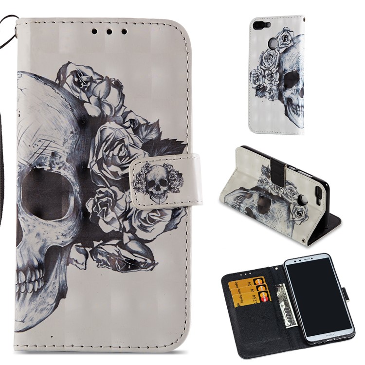 Light Spot Decor Pattern Printing Wallet Leather Phone Shell for Huawei Honor 9 Lite / 9 Youth Edition - Flowered Skull-1