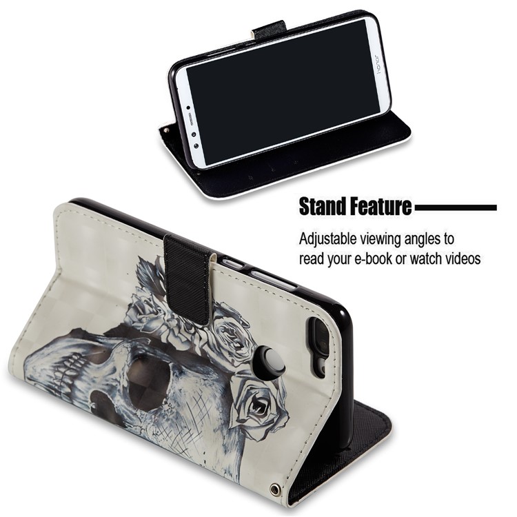 Light Spot Decor Pattern Printing Wallet Leather Phone Shell for Huawei Honor 9 Lite / 9 Youth Edition - Flowered Skull-5