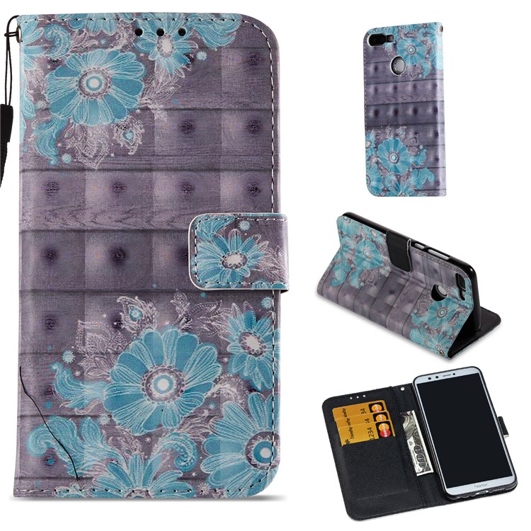 Light Spot Decor Pattern Printing Leather Wallet Cover for Huawei Honor 9 Lite / 9 Youth Edition - Blue Flower-1