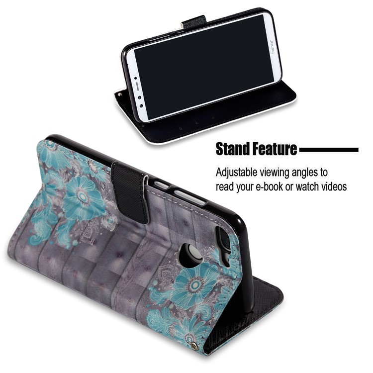 Light Spot Decor Pattern Printing Leather Wallet Cover for Huawei Honor 9 Lite / 9 Youth Edition - Blue Flower-5