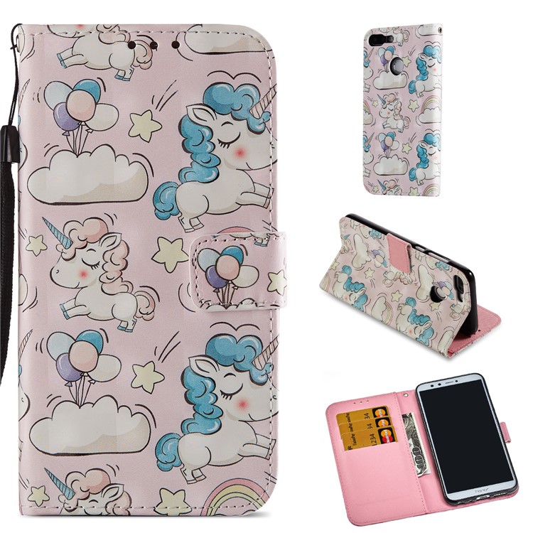 Light Spot Decor Pattern Printing Leather Wallet Shell for Huawei Honor 9 Lite / 9 Youth Edition - Unicorn-1