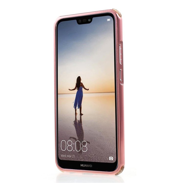 Slide-on Drop-proof Carbon Fibre PC Plate + Metal Bumper Hybrid Phone Case for Huawei P20 Lite / Nova 3e - Rose Gold-2