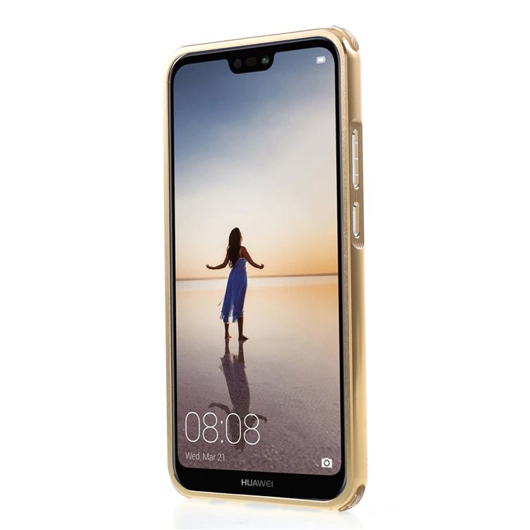 Slide-on Drop-proof Carbon Fibre PC Plate + Metal Bumper Combo Shell Case for Huawei P20 Lite / Nova 3e - Gold-2