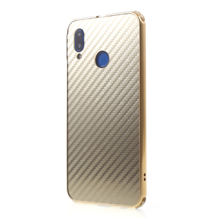 Slide-on Drop-proof Carbon Fibre PC Plate + Metal Bumper Combo Shell Case for Huawei P20 Lite / Nova 3e - Gold-3