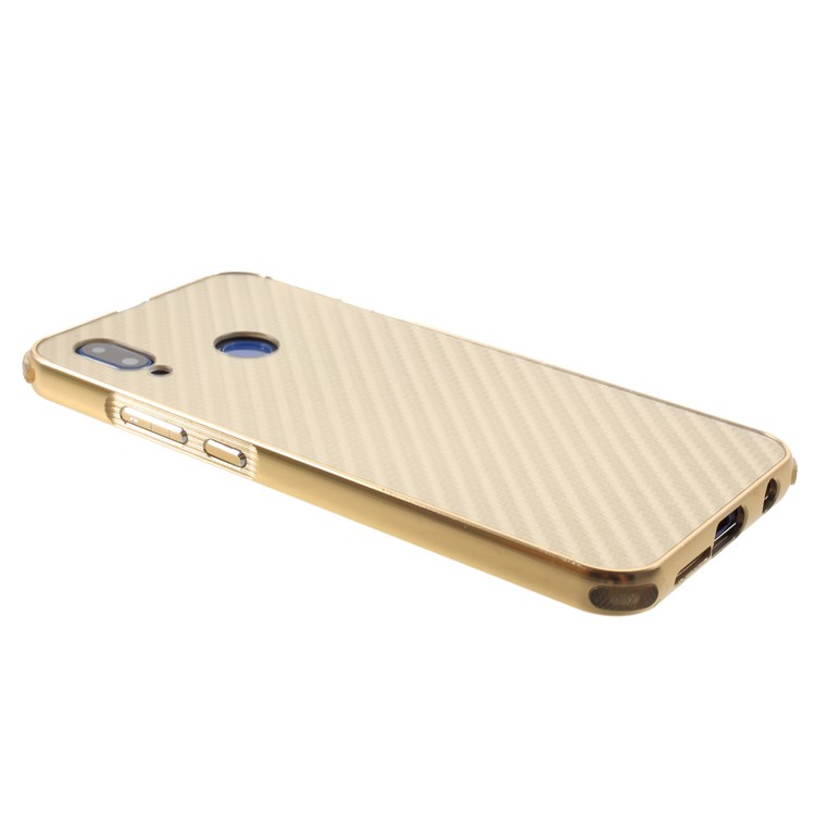 Slide-on Drop-proof Carbon Fibre PC Plate + Metal Bumper Combo Shell Case for Huawei P20 Lite / Nova 3e - Gold-4